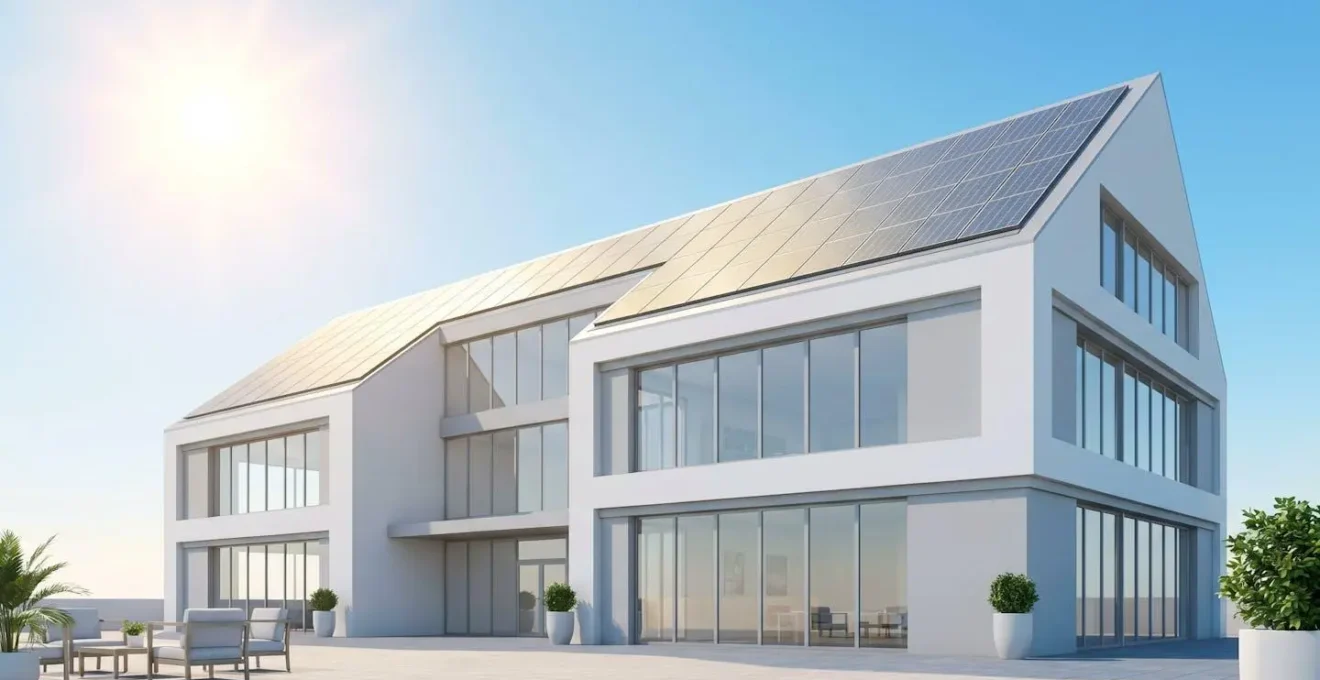 Panneaux solaires intégrés sur une toiture d'entreprise moderne symbolisant l'engagement RSE