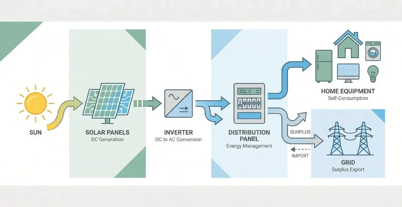Schéma expliquant le fonctionnement de l'autoconsommation solaire pour les entreprises
